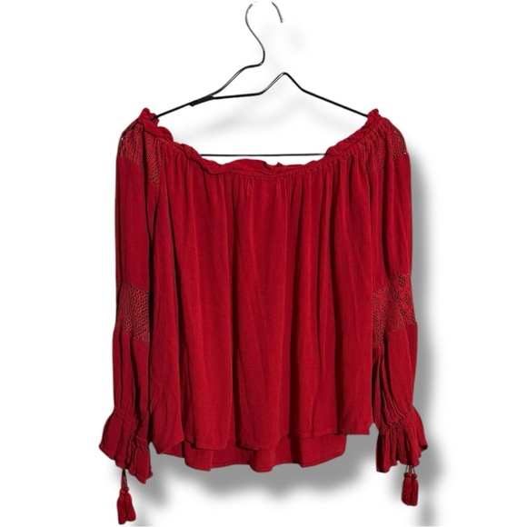 Band of Gypsies Red Ruffled Lightwight Off-Shoulder Long Sleeve Tassel Blouse - Picture 14 of 16